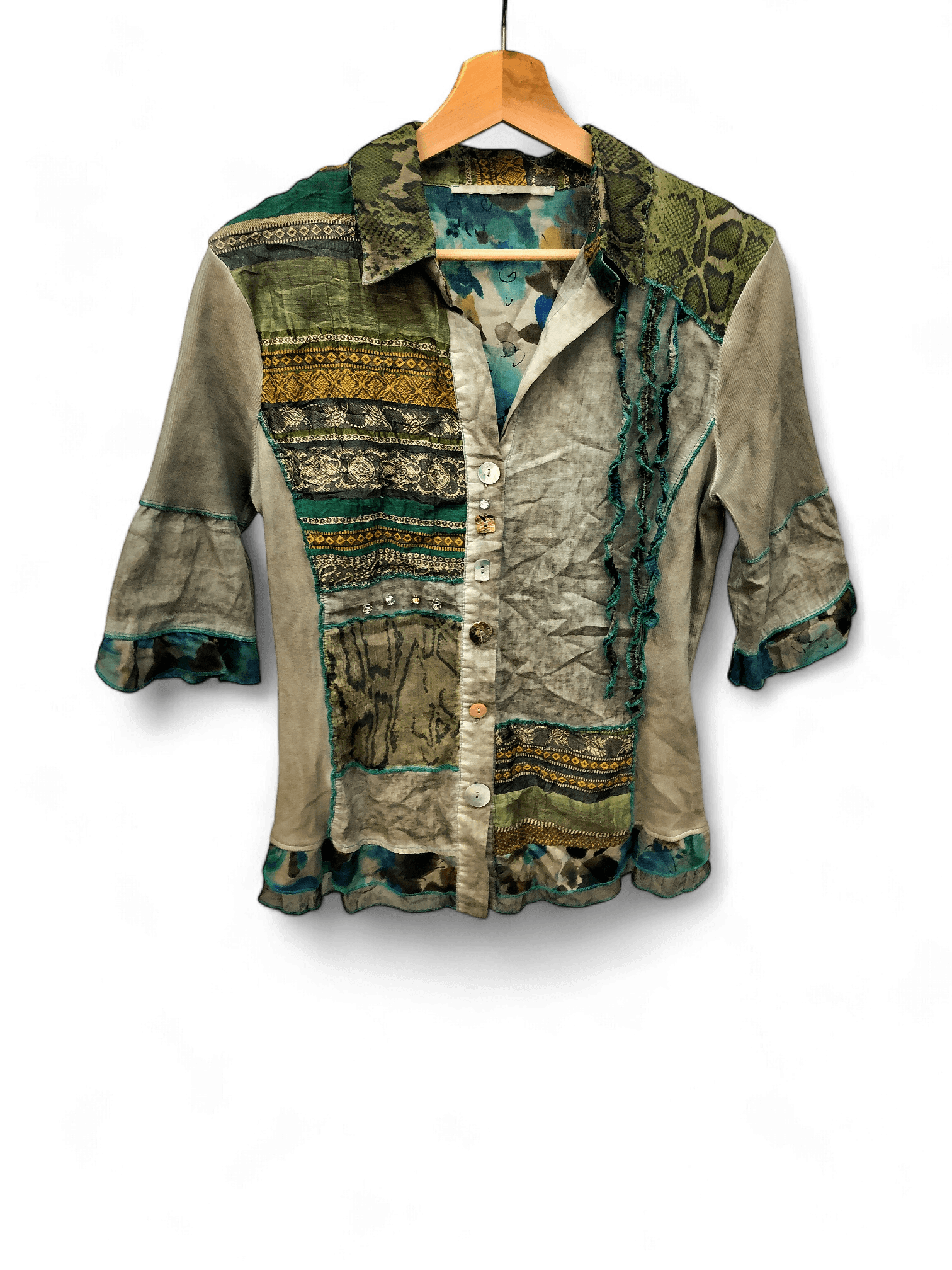 Vintage gemusterte Bollega Bluse mit 3/4-Ärmeln 1