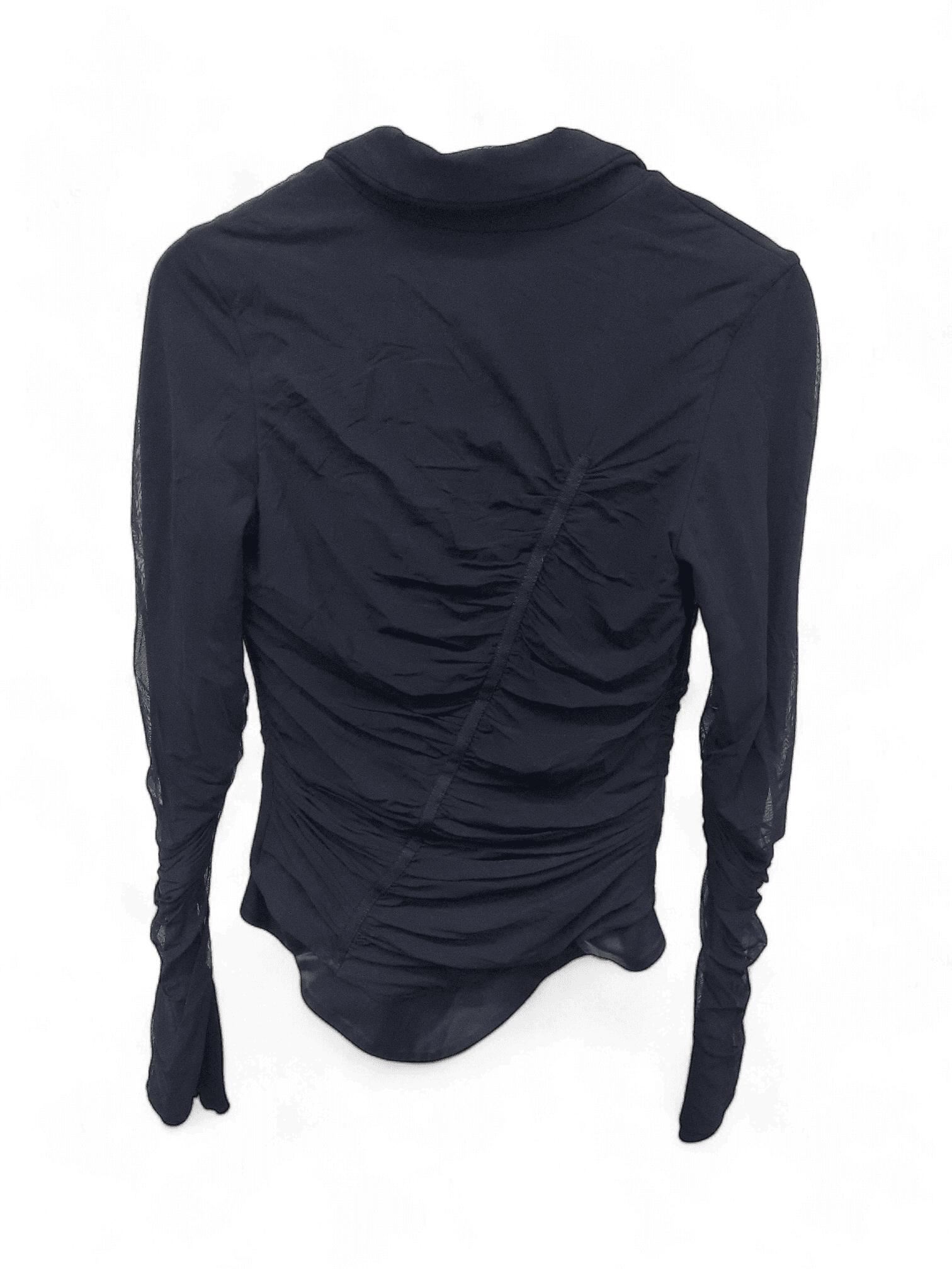 Elegante schwarze Damenbluse mit Raffungen und einem Knopf 2